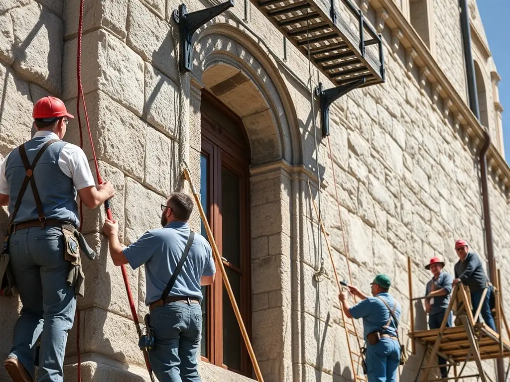 A group of volunteers working together to restore an old stone building in the Cezallier region, showcasing the Heritage Preservation Program.