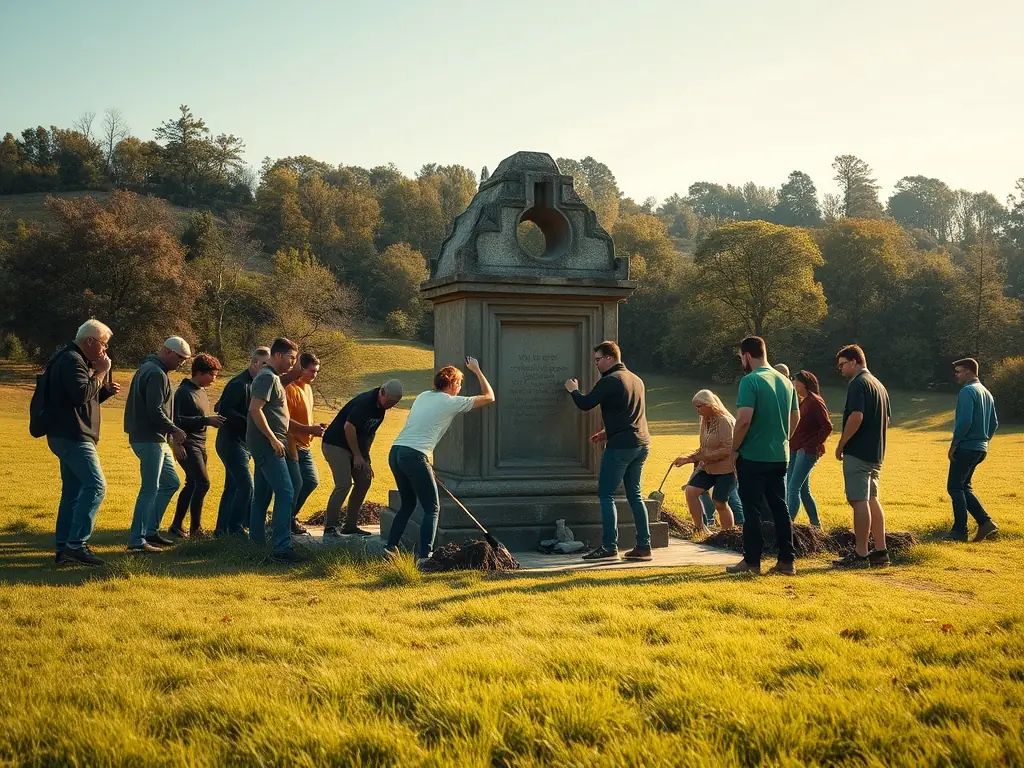 A vibrant image of volunteers restoring an ancient monument amidst lush countryside, showcasing community involvement in preservation efforts.