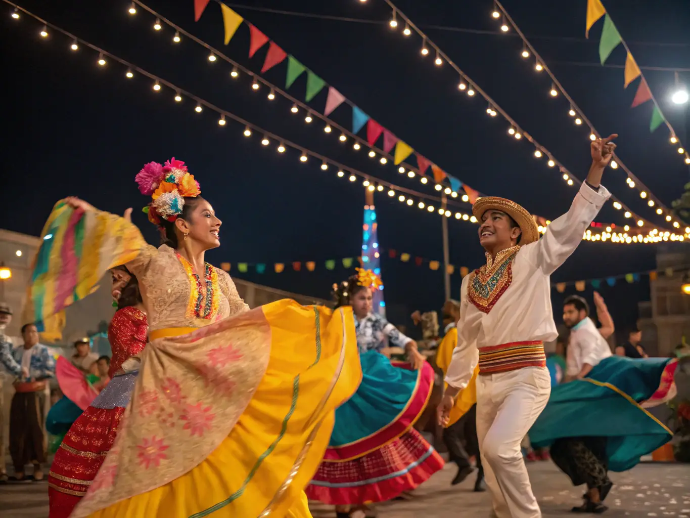 A vibrant photo capturing a traditional Cezallier festival, with people dressed in local attire, enjoying music, dance, and local cuisine, organized by ASSOC DES PAYS DU CEZALLIER.