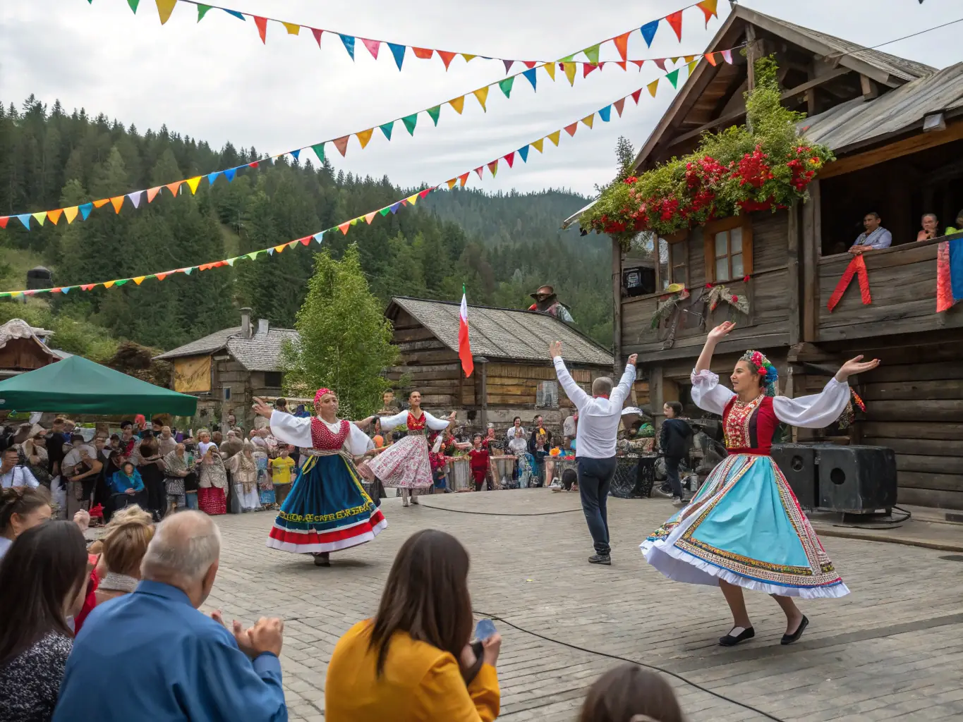 A lively scene of a community festival with traditional music, dance, and local artisans showcasing their crafts.