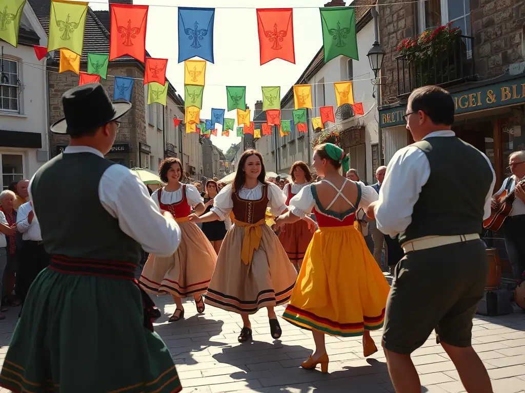 A vibrant scene from a local festival in Cezallier, featuring traditional music, dance, and crafts, representing the Cultural and Educational Events program.