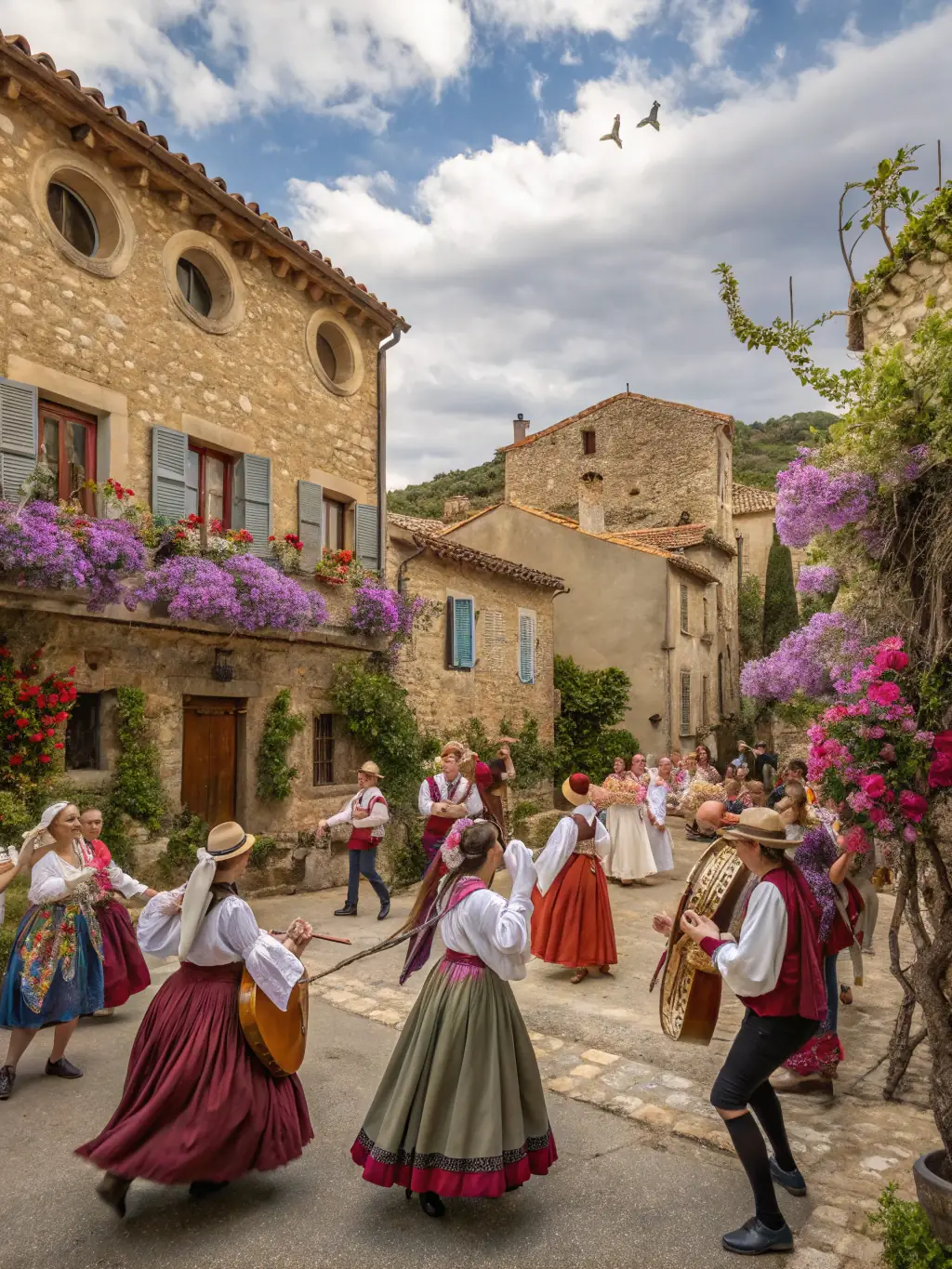 A vibrant image of a local festival in Cezallier, featuring traditional music, dance, and food, highlighting the organization's efforts to promote local culture.