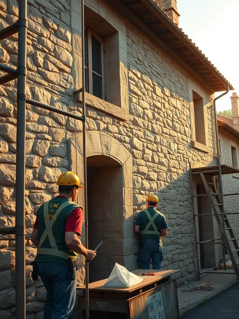 A photograph of volunteers working on the restoration of an old stone building in Cezallier, showcasing the organization's commitment to preserving historical sites.